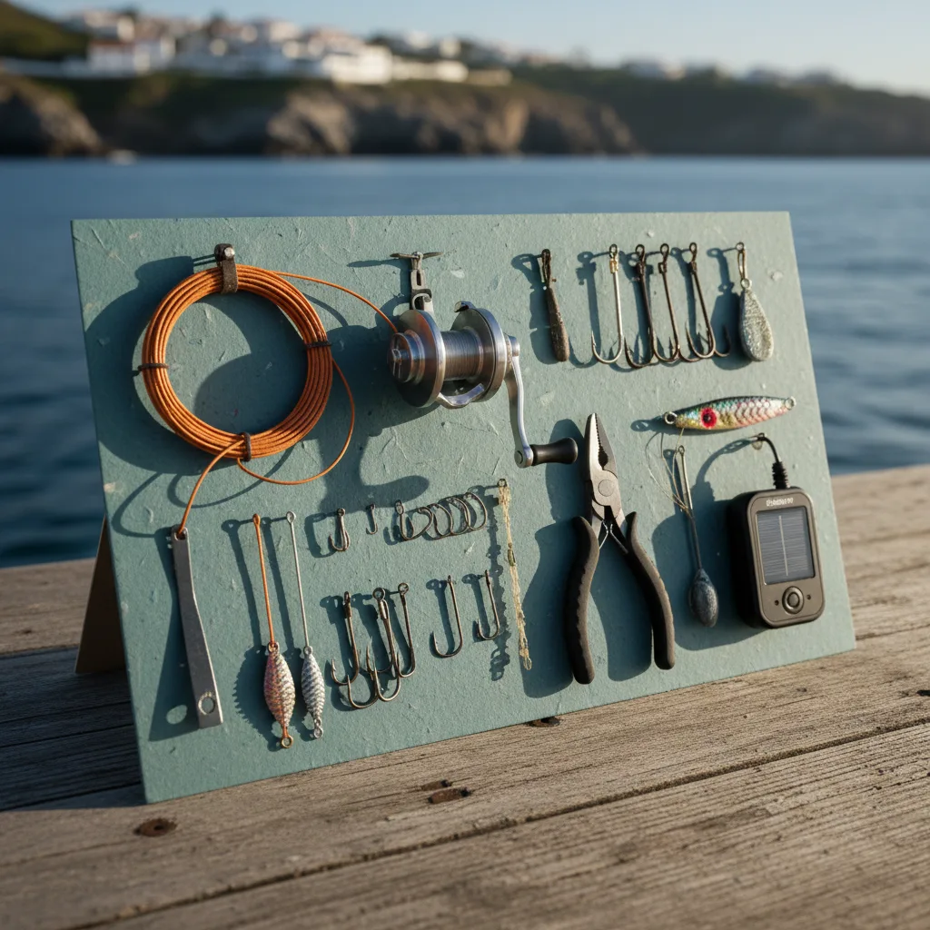 Material de pesca moderno de Portugal sobre o convés